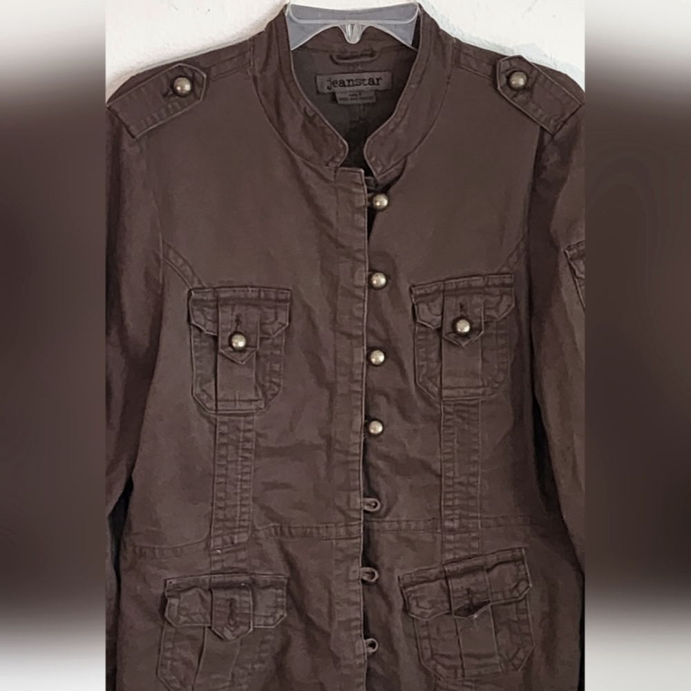 Jeanstar Military Style Brown Cotton Jacket Pockets Bronze Buttons Epaulets Sz L